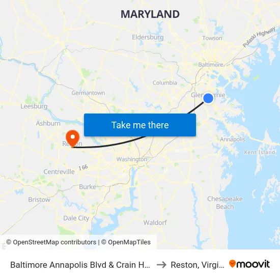 Baltimore Annapolis Blvd & Crain Hwy Eb to Reston, Virginia map