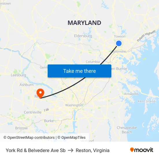 York Rd & Belvedere Ave Sb to Reston, Virginia map