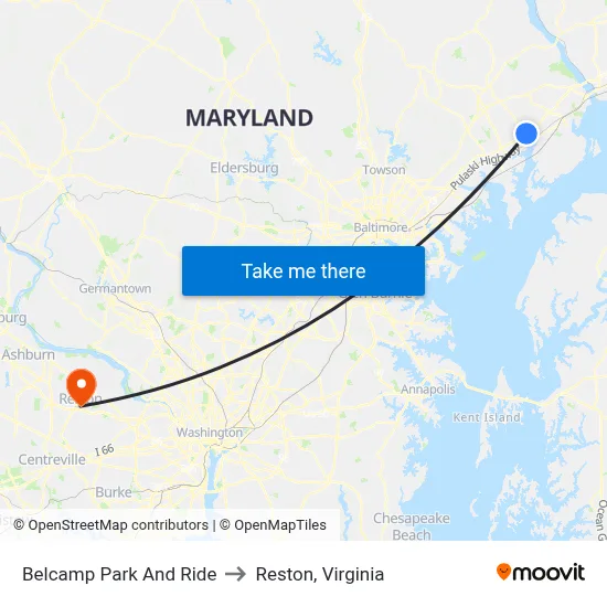 Belcamp Park And Ride to Reston, Virginia map