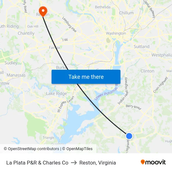 La Plata P&R & Charles Co to Reston, Virginia map