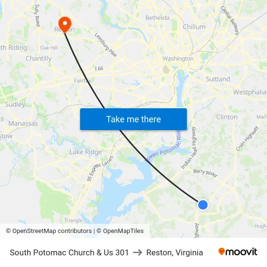 South Potomac Church & Us 301 to Reston, Virginia map