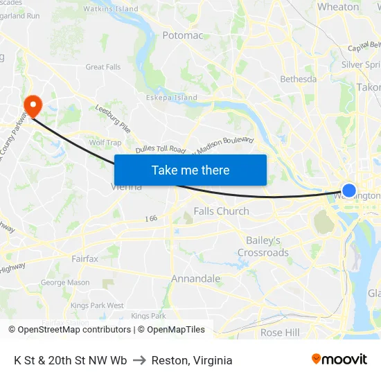 K St & 20th St NW Wb to Reston, Virginia map