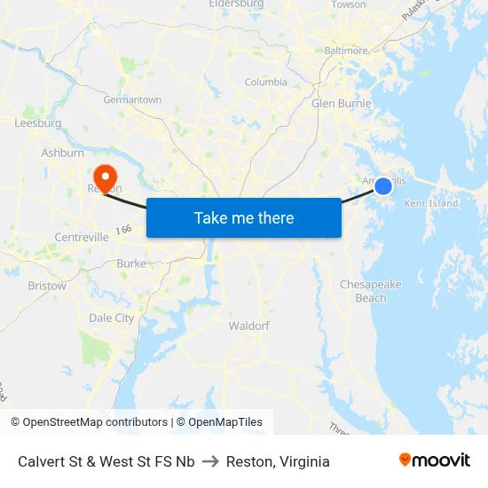 Calvert St & West St FS Nb to Reston, Virginia map