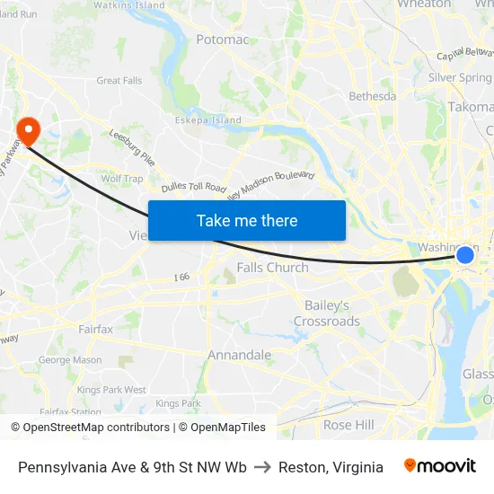Pennsylvania Ave & 9th St NW Wb to Reston, Virginia map