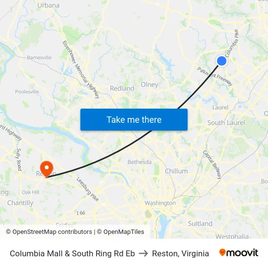 Columbia Mall & South Ring Rd Eb to Reston, Virginia map