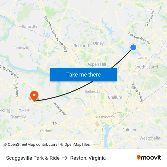 Scaggsville Park & Ride to Reston, Virginia map