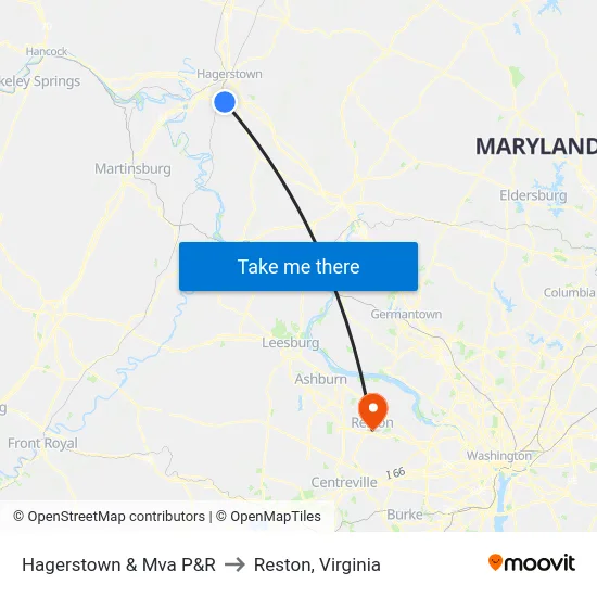 Hagerstown & Mva P&R to Reston, Virginia map