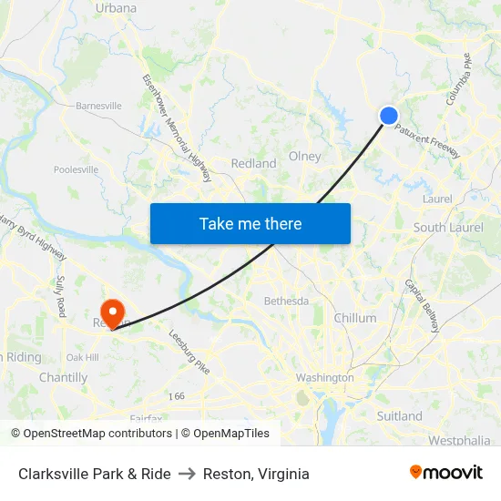Clarksville Park & Ride to Reston, Virginia map