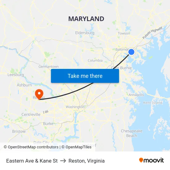 Eastern Ave & Kane St to Reston, Virginia map