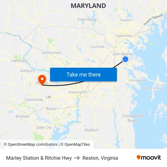 Marley Station & Ritchie Hwy to Reston, Virginia map