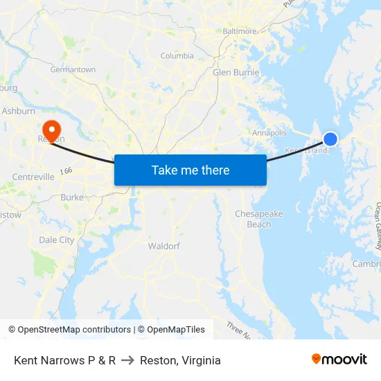 Kent Narrows P & R to Reston, Virginia map