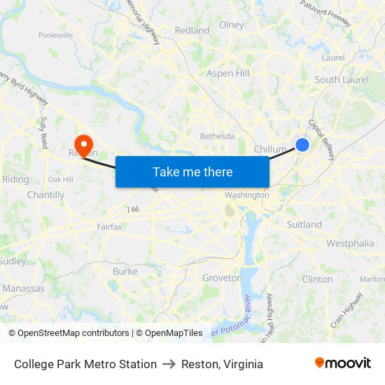 College Park Metro Station to Reston, Virginia map