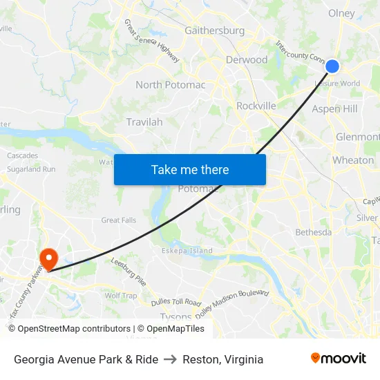 Georgia Avenue Park & Ride to Reston, Virginia map