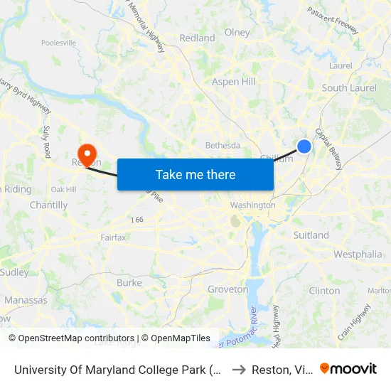 University Of Maryland College Park (Stadium Dr.) Nb to Reston, Virginia map