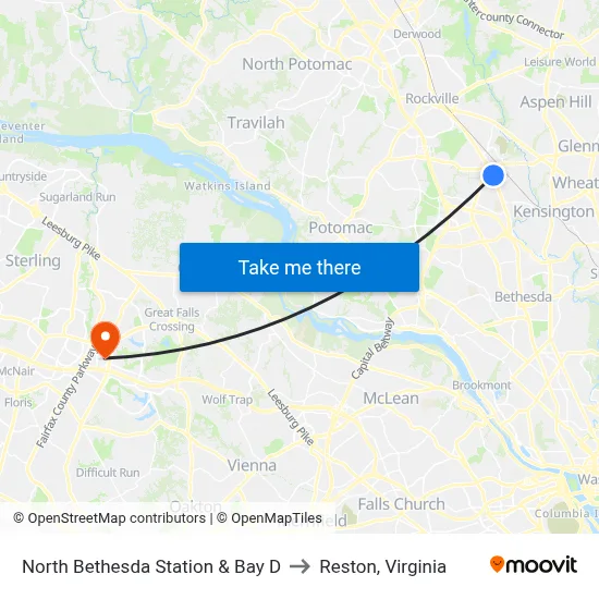 North Bethesda Station & Bay D to Reston, Virginia map
