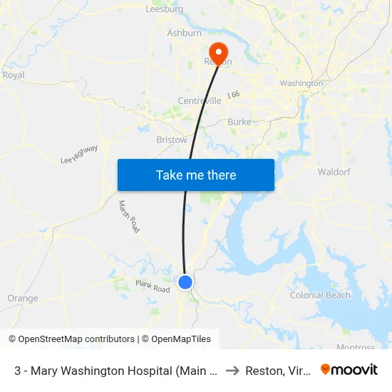 3 - Mary Washington Hospital (Main Entrance) to Reston, Virginia map