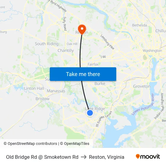 Old Bridge Rd @ Smoketown Rd to Reston, Virginia map