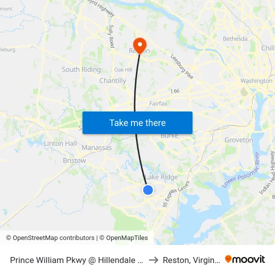 Prince William Pkwy @ Hillendale Dr to Reston, Virginia map