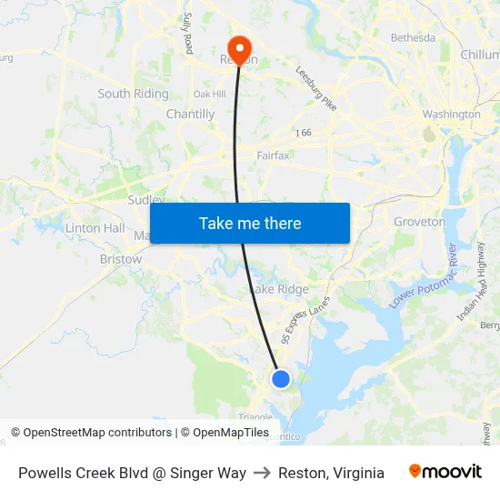 Powells Creek Blvd @ Singer Way to Reston, Virginia map