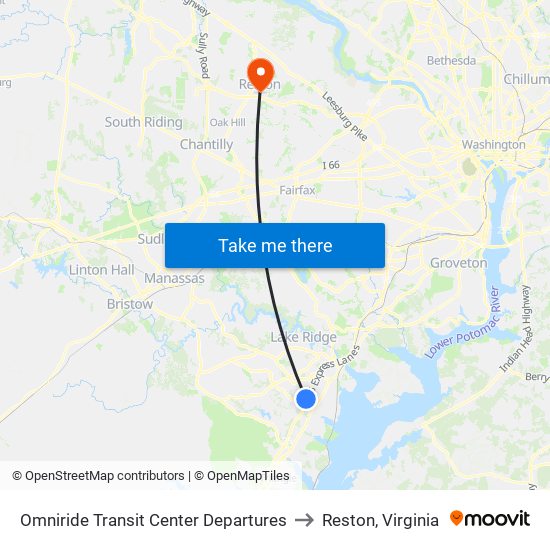 Omniride Transit Center Departures to Reston, Virginia map