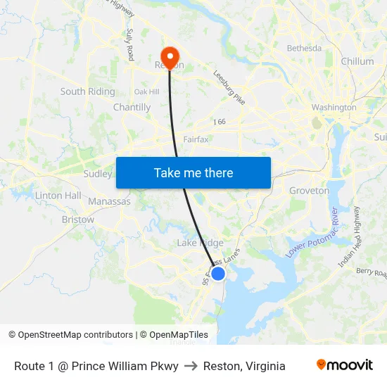 Route 1 @ Prince William Pkwy to Reston, Virginia map