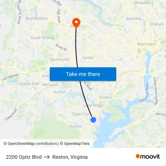 2200 Opitz Blvd to Reston, Virginia map