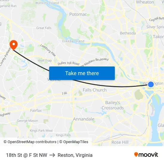 18th St @ F St NW to Reston, Virginia map