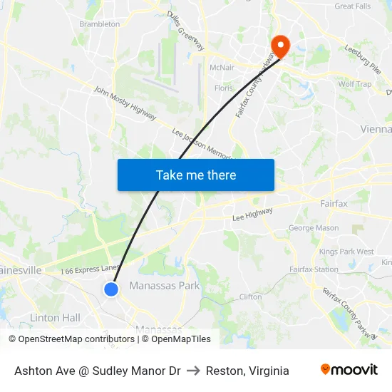 Ashton Ave @ Sudley Manor Dr to Reston, Virginia map