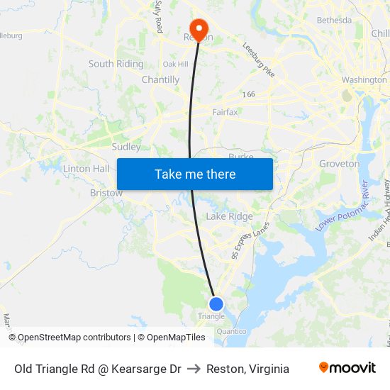 Old Triangle Rd @ Kearsarge Dr to Reston, Virginia map