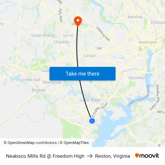 Neabsco Mills Rd @ Freedom High to Reston, Virginia map