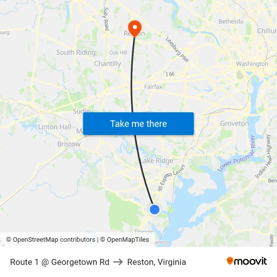 Route 1 @ Georgetown Rd to Reston, Virginia map