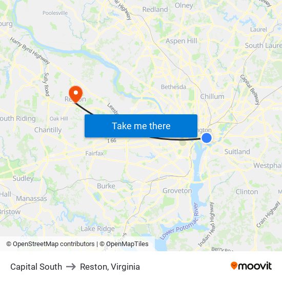 Capital South to Reston, Virginia map