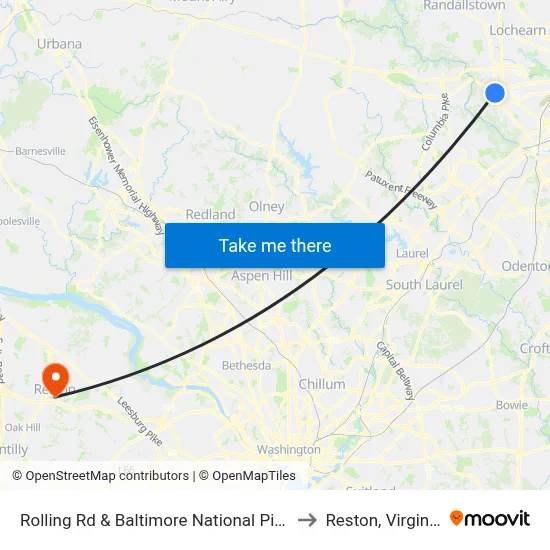 Rolling Rd & Baltimore National Pike to Reston, Virginia map