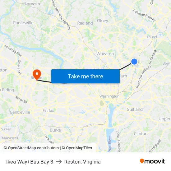 Ikea Way+Bus Bay 3 to Reston, Virginia map