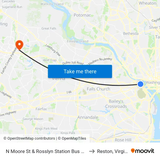 N Moore St & Rosslyn Station Bus Bay D to Reston, Virginia map