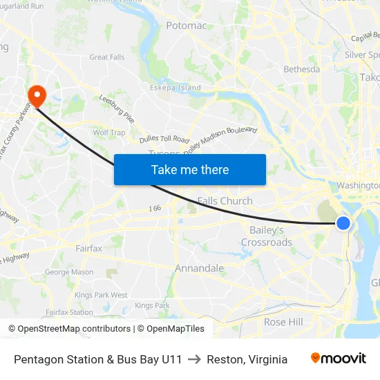 Pentagon Station & Bus Bay U11 to Reston, Virginia map