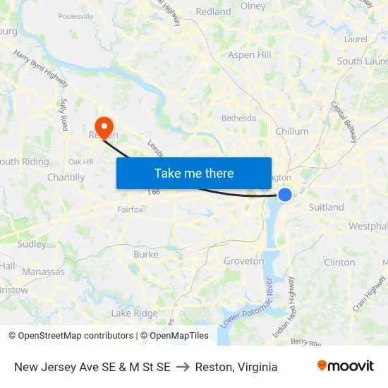 New Jersey Ave SE & M St SE to Reston, Virginia map