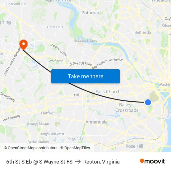 6th St S Eb @ S Wayne St FS to Reston, Virginia map