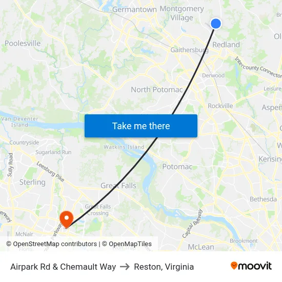Airpark Rd & Chemault Way to Reston, Virginia map