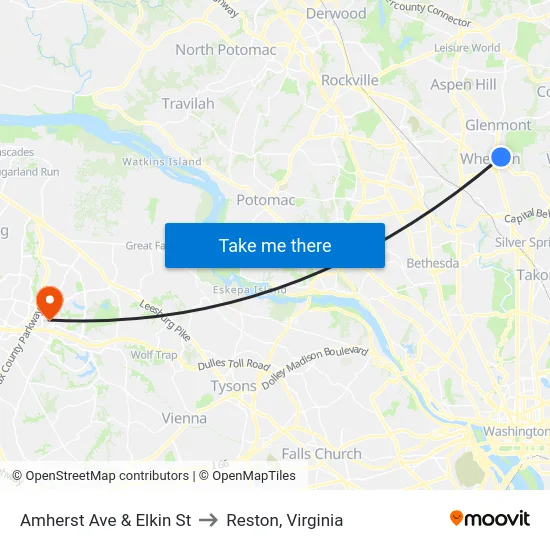 Amherst Ave & Elkin St to Reston, Virginia map