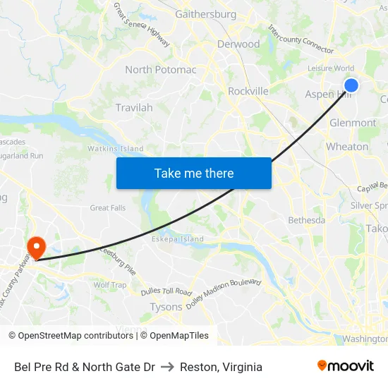 Bel Pre Rd & North Gate Dr to Reston, Virginia map