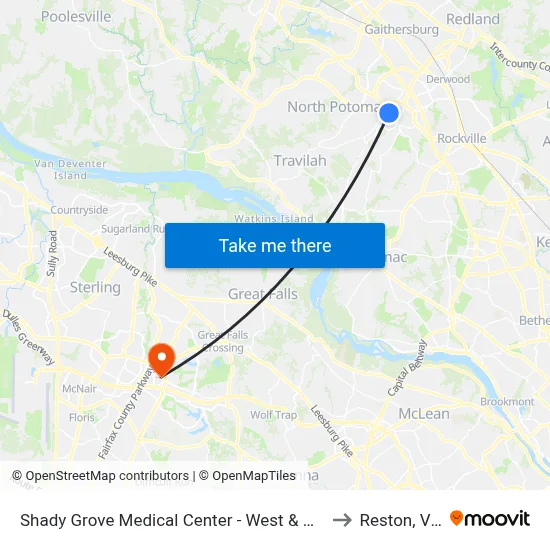 Shady Grove Medical Center - West & Medical Center Way to Reston, Virginia map