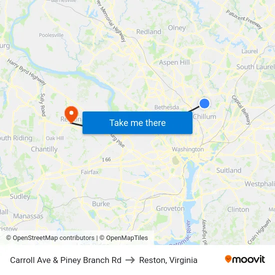 Carroll Ave & Piney Branch Rd to Reston, Virginia map