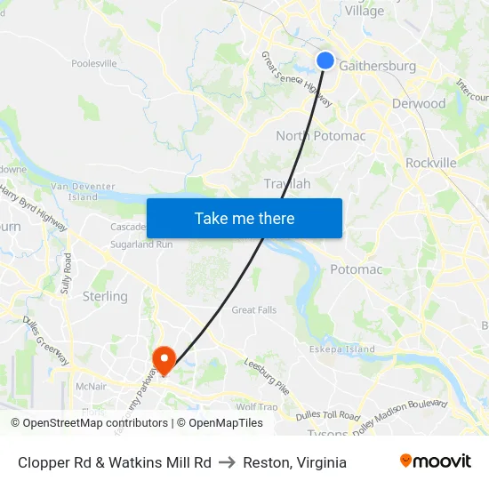 Clopper Rd & Watkins Mill Rd to Reston, Virginia map