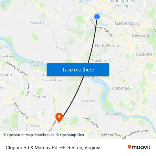 Clopper Rd & Mateny Rd to Reston, Virginia map