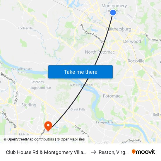 Club House Rd & Montgomery Village Ave to Reston, Virginia map