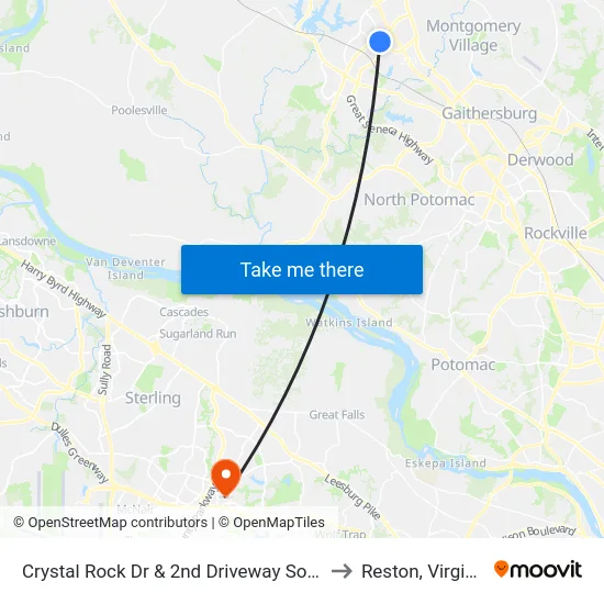 Crystal Rock Dr & 2nd Driveway South to Reston, Virginia map