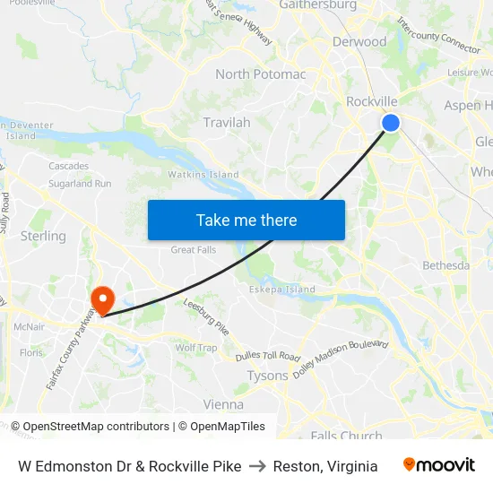 W Edmonston Dr & Rockville Pike to Reston, Virginia map