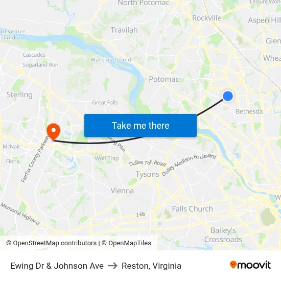 Ewing Dr & Johnson Ave to Reston, Virginia map