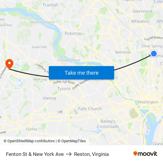 Fenton St & New York Ave to Reston, Virginia map